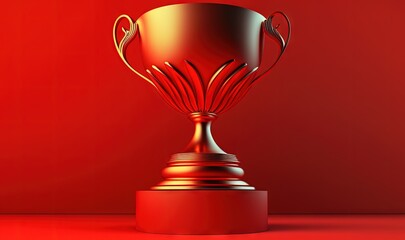  a golden trophy on a red pedestal against a red background with room for text or image 3d rendering of a golden trophy on a red pedestal.  generative ai