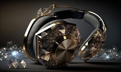  a pair of headphones with gold and diamonds on it, with a black background and a diamond - encrusted diamond - encrusture.  generative ai