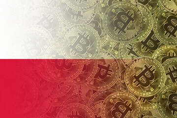 Poland flag on bitcoin texture background, bitcoin legalization concept, exchange rate