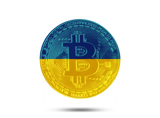 Bitcoin coin in ukraine flag colors, cryptocurrency concept, blockchain technology