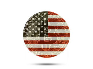 Bitcoin coin in USA, America flag colors, cryptocurrency concept, blockchain technology