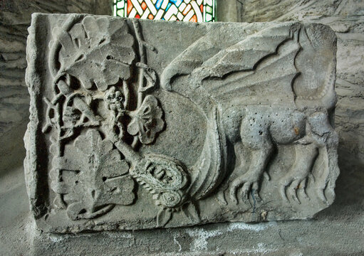 Stone carved dragon motif inside St. Brigid’s Cathedral, County Kildare, Ireland
