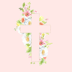 Watercolor Christian cross illustration. Botanical Cross pink peony,rose flowers,greenery. Easter, baptism, christening, cards, wedding, paper, invitation, scrapbooking, printable, wrapping, egg hunt