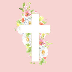 Watercolor Christian cross illustration. Botanical Cross pink,peach with peony,rose flowers,greenery. Easter, baptism, christening, cards, wedding, paper, invitation, scrapbooking, printable, egg hunt