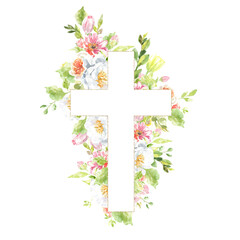 Watercolor Christian cross illustration. Botanical Cross with peony,rose flowers,greenery. Easter, baptism, christening, cards, wedding, paper, invitation, scrapbooking, printable, wrapping, egg hunt