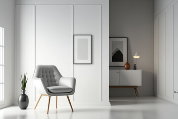 Fototapeta na wymiar empty light wall with armchair, mockup made with Generative AI