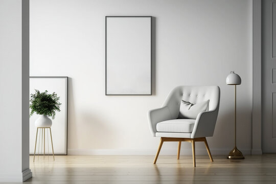 empty light wall with armchair and frame, mockup made with Generative AI