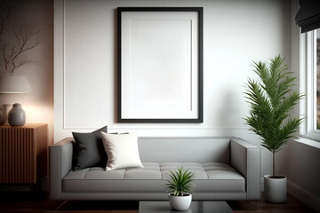 sofa with empty frame and plants, mockup made with Generative AI