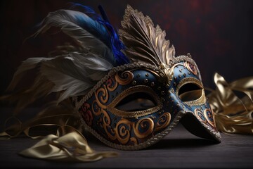 Carnival Venetian gold mask for the table. Madi gras, Puri. AI generation