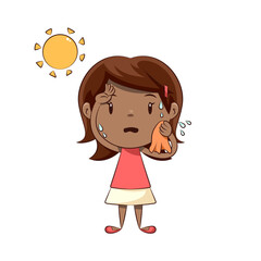 Worried kid sweating hot sunny day, little girl