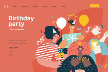 Lifestyle web template - Birthday party - modern flat vector illustration of men and women celebrating birthday, giving presents. People activities concept