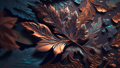 a close up of a gold and blue leafs on a black background, metallic testure 