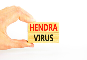 Hendra virus symbol. Concept words Hendra virus on wooden block. Beautiful white table white background. Doctor hand. Medical hendra virus concept. Copy space.