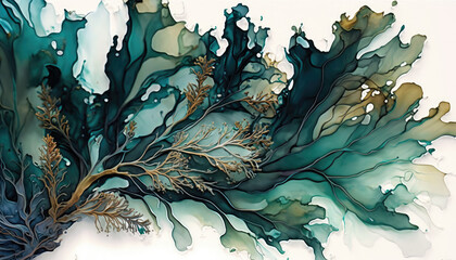 A mesmerizing and captivating abstract artwork featuring alcohol ink and neural roots in muted teal tones - a stunning background wallpaper