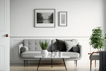 grey sofa with coffe table in well lit room, pillows and plants, mockup made with Generative AI