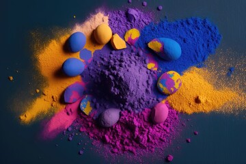 A view from above of a plate of colorful powder. The concept of the Holi festival. AI Generation