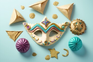 Happy Purim carnival decoration concept with traditional Hammentashen baked. AI generation