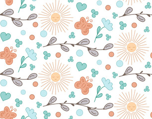 Seamless pattern with flowers, Willow buds, butterfly, sun, heart. Spring Vector illustration.