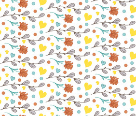 Doodle seamless pattern with flowers, twigs, Willow buds, hearts. Vector Texture paper gift, textile