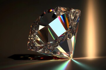 Close-up on single diamond with rays of rainbow colored light reflecting out of the prism facets. Shot on dark background, gem has crystal clear and clarity. Luxury beauty concept. Generative AI 