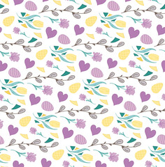 Doodle seamless pattern with flowers, eggs, Willow buds, hearts. Vector Texture paper gift, textile