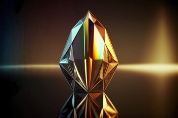 Close-up on single Drop diamond with rays of rainbow colored light reflecting out of the prism facets. Shot on dark background, gem has crystal clear and clarity. Luxury beauty concept. Generative AI 