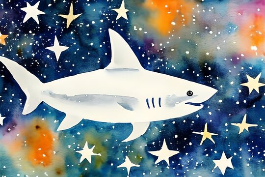 Fish in the night. watercolor painting. constellation.  nebula background. Astrology. .watercolor portrait