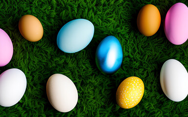 Fototapeta na wymiar Eggs in grass. Painted Decorative Easter Eggs for Easter day celebration. Holiday Banner for Easter egg hunt. Generative AI