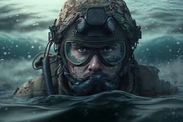 A soldier is sneaking through the water created with Generative AI technology

