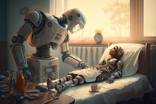 Futuristic robot, android, droid, cyborg medical staff, doctor, nurse, personal support worker, helping care for a sick patient