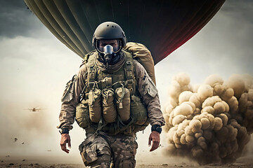 A paratrooper landed in a war zone created with Generative AI technology
 - obrazy, fototapety, plakaty
