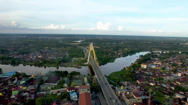 Aerial view of Siak Bridge IV in Pekanbaru top view. 