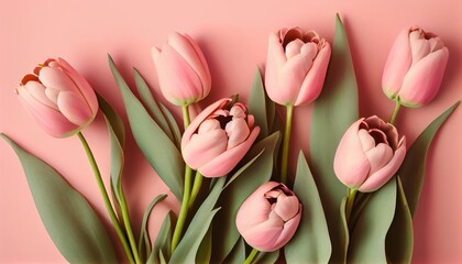 March 8, Women day.  Beautiful composition spring flowers. Bouquet of pink tulips flowers on pastel pink background