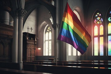 LGBT rainbow flag inside the church. Religion and Diversity. Concept of same-sex marriages. 