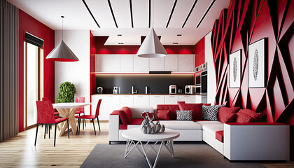 Contemporary interior design of a living room and kitchen with red accent colors, ai generated