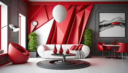 Contemporary interior design of a living room with red accent colors, white sofa, ai generated