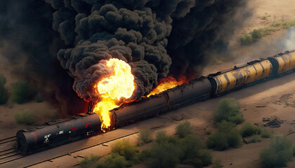 An aerial illustration of a cargo train derailment and fire.
