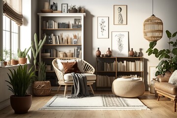 Bohemian and minimalist  living room interior with big panoramic windows, armchair and bookshelf, AI generated