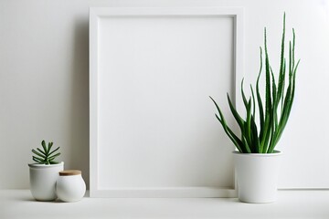 simple minimal white frame on white background wall, empty picture frame for mockup, generative ai, blank poster on wall