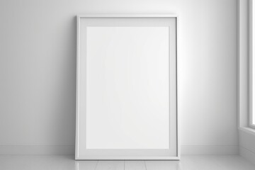 simple minimal white frame on white background wall, empty picture frame for mockup, generative ai, blank poster on wall