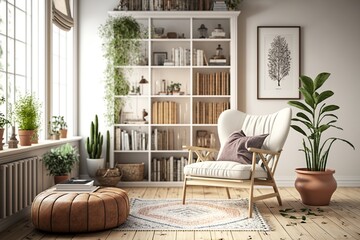 Bohemian and Scandinavian living room interior with big panoramic windows, armchair and bookshelf - obrazy, fototapety, plakaty