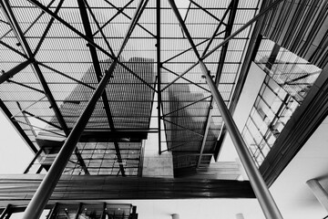 black and white architecture looking up
