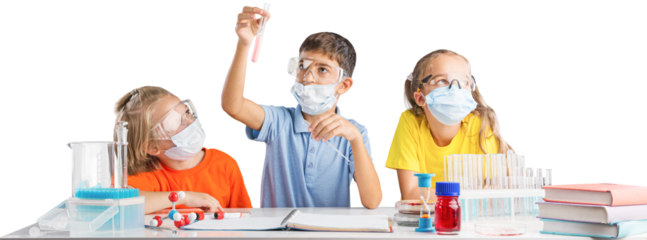Focused kid pouring liquid into flask while conducting experiment with colorful reagents