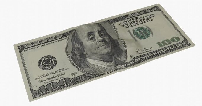 Percentage of inflation. One banknote with a face value of 100 US dollars falls on the red percent symbol and decreases in size. 4K footage video