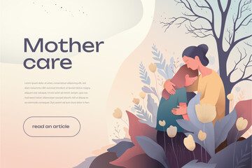 mother comforting her daughter in a field of flowers banner template illustration, web, UI UX, article, art, autumn, emotions, cry, sad, girl and woman, support 
