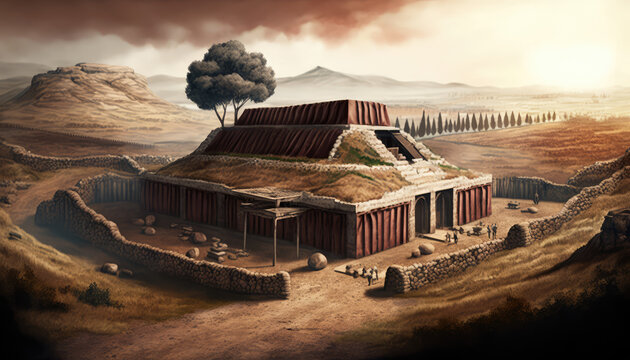 A captivating depiction of a Roman wooden camp with palisade walls, situated atop a hill covered in dark red grass
