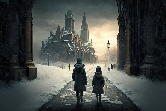 Children walking in the snow filled city
