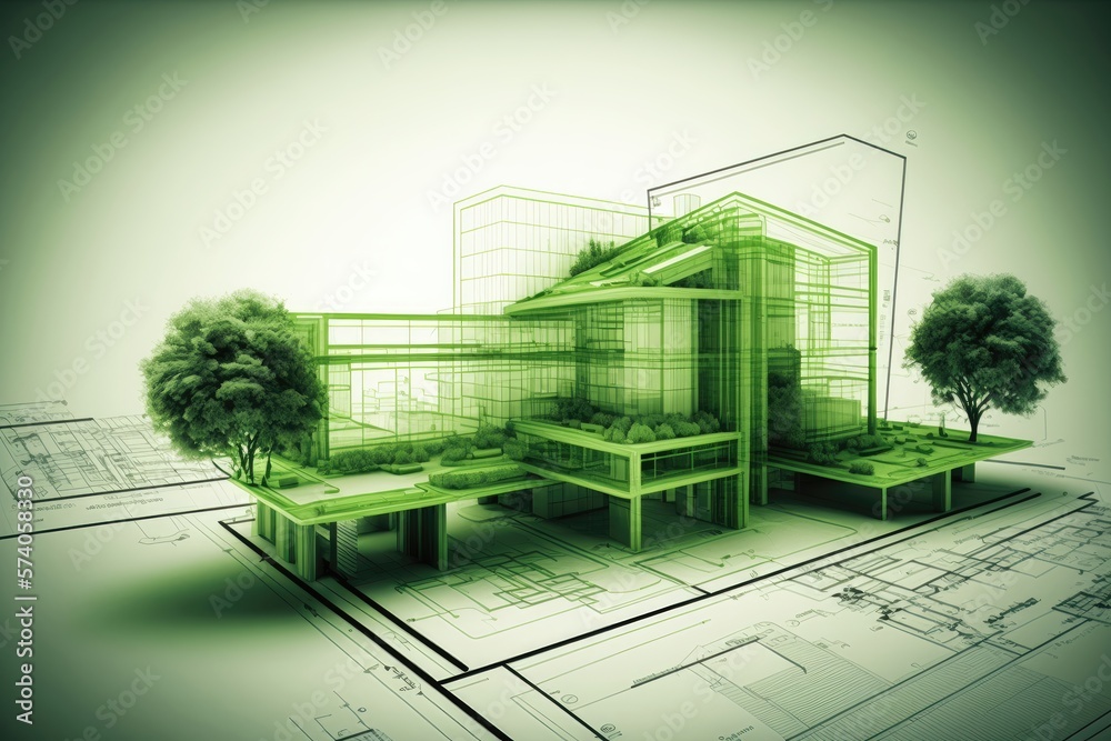 Wall mural 3D Modern green sustainable building design. Generative AI