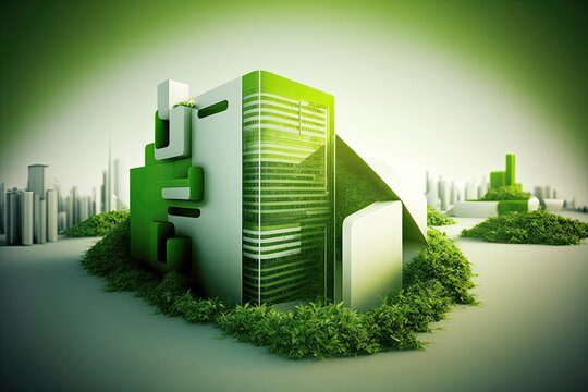 3D Modern Green Sustainable Building With Green Background. Generative AI