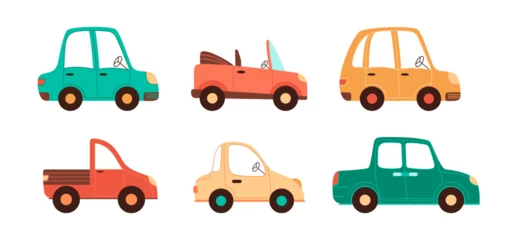 Glasbilder Autorennen Vector cartoon cars collection for children designs. Isolated simple vehicles set in pastel colors on white background